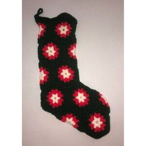 Vintage Crochet Granny Square Christmas Stocking 17" Green Red White